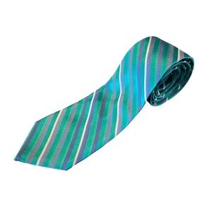 Vintage Rooster Green and Blue Striped Silk Tie